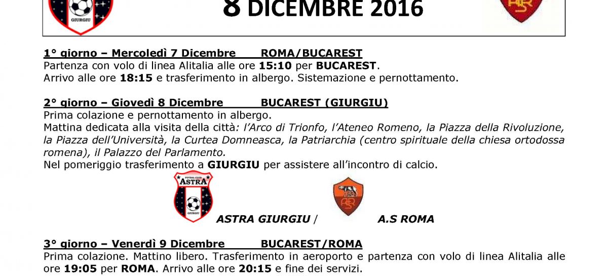 SEGUI LA ROMA IN EUROPA LEAGUE – 8 DICEMBRE ASTRA GIURGIU