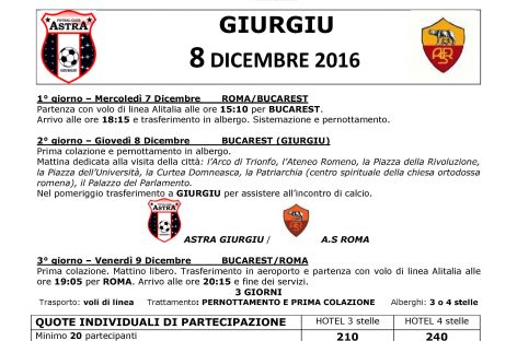 SEGUI LA ROMA IN EUROPA LEAGUE – 8 DICEMBRE ASTRA GIURGIU